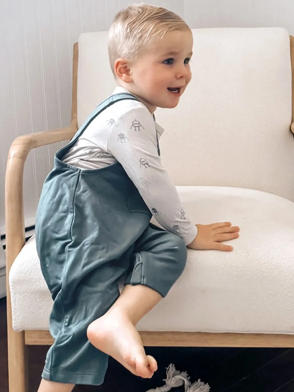Gunamuna robot print onesie and overalls.